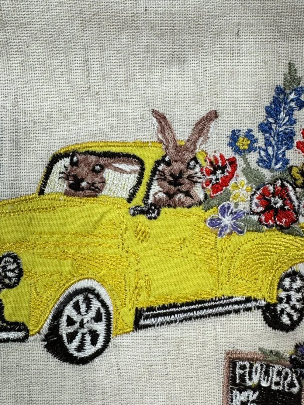 NWT Pier 1 Embroidered Tea Towel Check Trim Bunny Yellow Truck Flowers For Sale